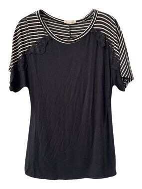 Blumin Apparel Top Size Large Lace Stripe Black White Coastal Classic Raglan